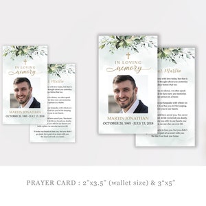 May include: A green and white prayer card with a cross and a photo of a man. The card reads "In Loving Memory" and "Martin Jonathan, October 20, 1985 - July 13, 2018". The card is 2 inches by 3.5 inches.