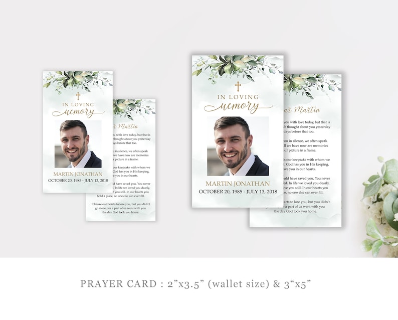 May include: A green and white prayer card with a cross and a photo of a man. The card reads "In Loving Memory" and "Martin Jonathan, October 20, 1985 - July 13, 2018". The card is 2 inches by 3.5 inches.