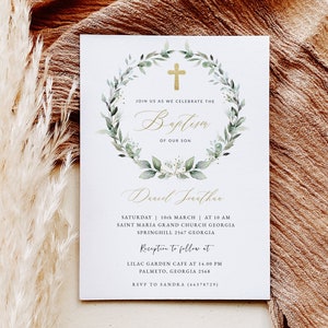 Modèle d'invitation de baptême, feuilles de verdure, modifiable, verdure carte d'invitation de baptême imprimable, baptême rustique, téléchargement immédiat #BP34