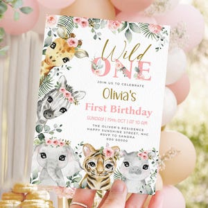 Editable Girl Wild One 1st Birthday Invitation Pink Birthday Invitation Safari Wild One Party First Birthday Jungle Animals Invite BD64