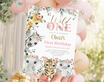 Editable Girl Wild One 1st Birthday Invitation Pink Birthday Invitation Safari Wild One Party First Birthday Jungle Animals Invite BD64