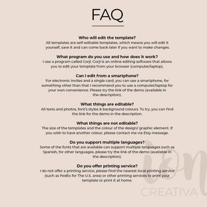 May include: FAQ about editable templates.  The text explains that the templates are self-editable and can be edited using a program called Corjl.  The text also explains that the templates can be edited from a smartphone or computer, and that the size of the templates and the color of the design elements are not editable.  The text also explains that the templates support multiple languages and that the seller does not offer printing services.