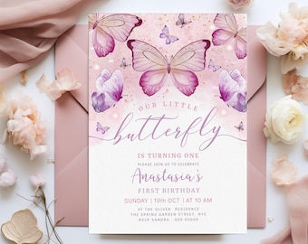 Butterfly Birthday Invitation, Butterflies 1st Birthday Invite, First Birthday Invitation, Birthday Girl Butterfly Party Printable BD84