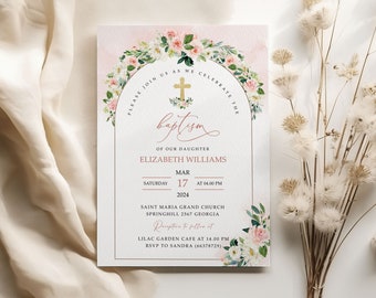 May include: Baptism invitation with floral arch design. The invitation features a cross, the word "baptism", and event details including the date, time, and location. The invitation is decorated with pink and white flowers and green leaves.