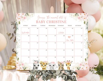 May include: A baby shower calendar with the text "Guess the arrival date of BABY CHRISTINE." The calendar features a pink floral design and illustrations of baby animals. The due date is marked on October 9th.