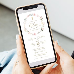 This is an editable smartphone baptism invitation/ announcement template with boho pink flower that you can instantly edit, download and print yourself. This does not require any program or fonts to download.