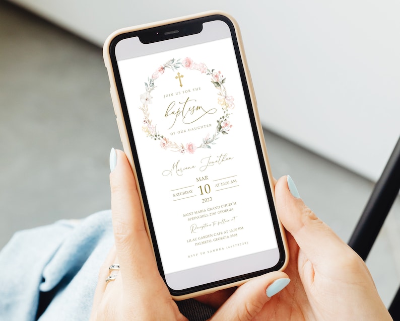 This is an editable smartphone baptism invitation/ announcement template with boho pink flower that you can instantly edit, download and print yourself. This does not require any program or fonts to download.