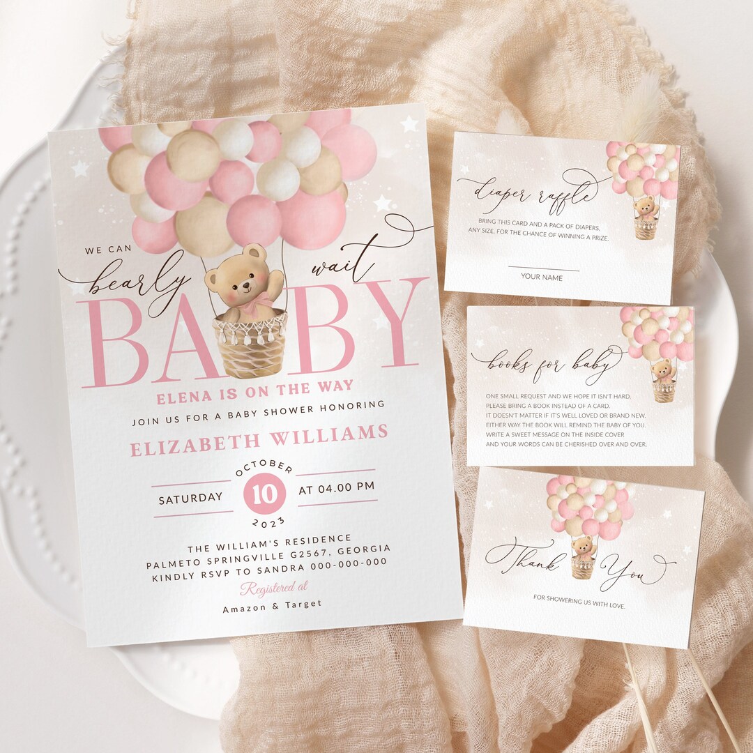Editable Teddy Bear Hot Air Balloon Baby Shower Invitation Girl Pink ...
