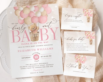 Invitation de baby shower modifiable en montgolfière Ours en peluche rose Shower de bébé fille We Can Bearly Wait Shower Téléchargement instantané # BB58
