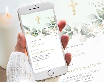 Digital Baptism Invitation Template, Greenery Evite invitation, Digital Baptism Text Invite, Text Message, INSTANT Download, Editable #BP95