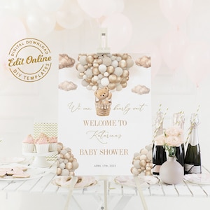Editable Teddy Bear Theme Baby Welcome Sign, Brown We Can Bearly Wait Sign, Baby Shower Welcome Sign Bear Hot Air Balloons, Instant