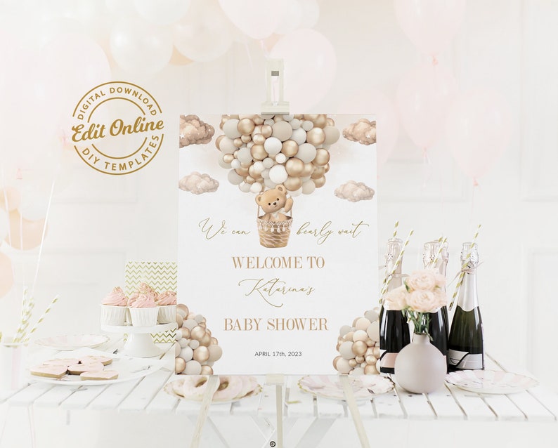 Editable Teddy Bear Theme Baby Welcome Sign, Brown We Can Bearly Wait Sign, Baby Shower Welcome Sign Bear Hot Air Balloons, Instant