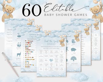Pacchetto di giochi per baby shower modificabili con orsi di genere neutro, pacchetto di giochi per baby shower con orsi di genere neutro, giochi per baby shower con orsi boho blu #BB57