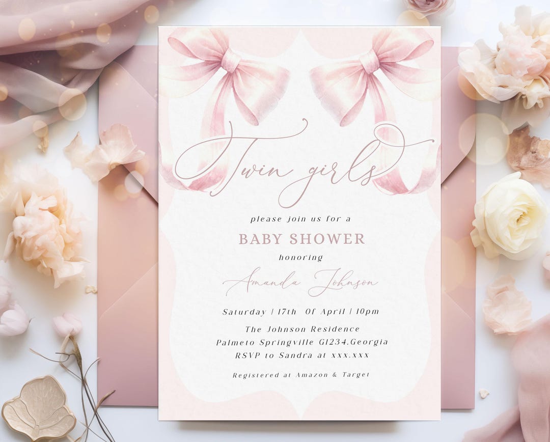 Editable Twin Pink Bow Baby Shower Invitation Template Printable Baby ...