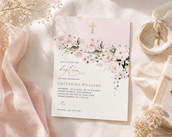 May include: A rectangular baptism invitation card featuring a soft pink top section with a gold cross, adorned with a watercolor floral arrangement of pink and white roses and green leaves. The text reads: JOIN US FOR THE baptism OF OUR DAUGHTER CATHERINA WILLIAMS SATURDAY, 10.11.2023 | AT 10 O'CLOCK GRAND CHURCH, 2567 GEORGIA LUNCH TO FOLLOW AT LILAC CAFE SPRING GARDEN AT 13.00 PM RSVP SANDRA 123-456-789.