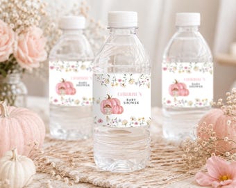 Etiquetas editables para botellas de agua de baby shower con diseño de calabaza rosa (plantilla digital) BB38
