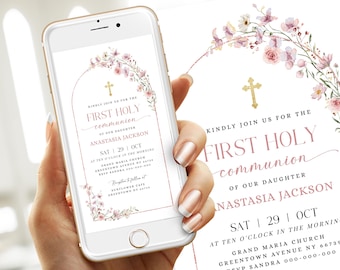 Digital First Holy Communion Text Invitation Template Rustic Pink Flowers Holy Communion Invite, Editable, Electronic Instant #HC162