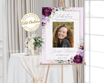Funeral Welcome Sign Template, Purple Rose Memorial Service Sign, Celebration of Life, Funeral Memorial Poster Funeral Sign Poster #F51