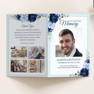 May include: A blue and white floral memorial card with a photo of a man and the text "In Loving Memory" and "Martin Jonathan, October 20, 1985 - July 13, 2018".