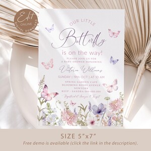 Editable Butterfly Baby Shower Invitation, Purple Butterfly Invite Template, Butterfly Baby Shower Girl, Butterflies and Flowers Pink