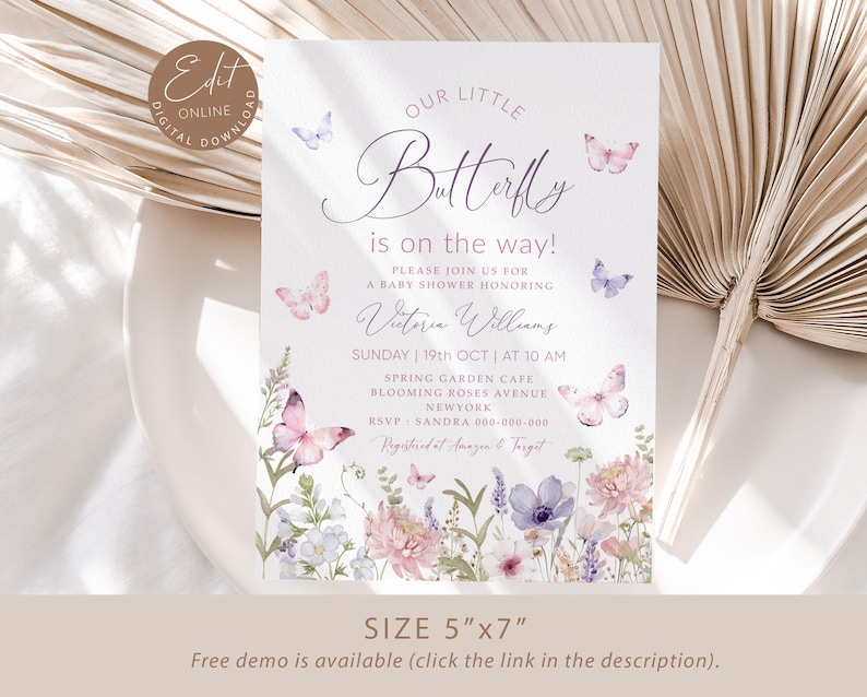 Editable Butterfly Baby Shower Invitation, Purple Butterfly Invite Template, Butterfly Baby Shower Girl, Butterflies and Flowers Pink