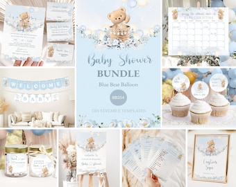 Bear Baby Shower Bundle Blue Balloon Baby Shower Invitation Bundle Printable Baby Shower Game Bundle Decoration Bear Balloon Instant #BB254