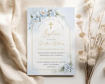 May include: Baptism invitation card with a light blue watercolor background and floral accents. The card features elegant gold script with the text "Baptism of our son Jonathan Williams". Includes event details and RSVP information.