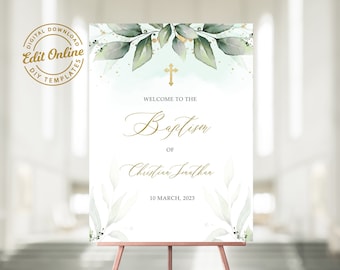Greenery Baptism Welcome Sign Template Green leaves Gold Cross Baptism Welcome Poster Printable Baptism, Editable, INSTANT Download, #BP88