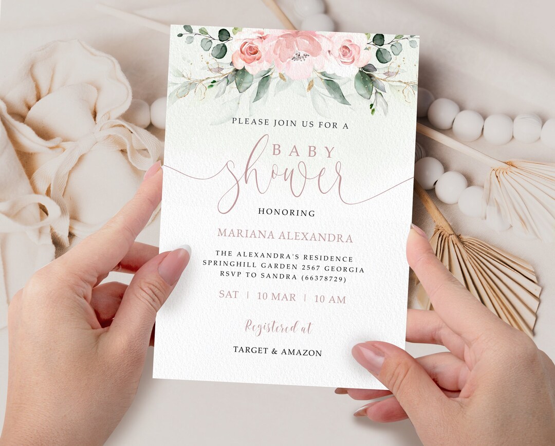 Editable Pink Rose Baby Shower Invitation Template, Pink Floral ...