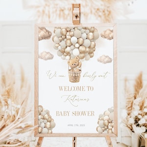 Editable Teddy Bear Theme Baby Welcome Sign, Brown We Can Bearly Wait Sign, Baby Shower Welcome Sign Bear Hot Air Balloons, Instant