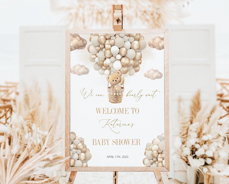 Editable Teddy Bear Theme Baby Welcome Sign, Brown We Can Bearly Wait Sign, Baby Shower Welcome Sign Bear Hot Air Balloons, Instant