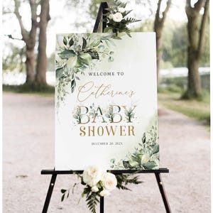 Editierbares Greenery Baby Shower Willkommensschild Salbei Grün und Gold Printable Baby Shower Sign Eukalyptus Baby shower Poster Gender Neutral BB144