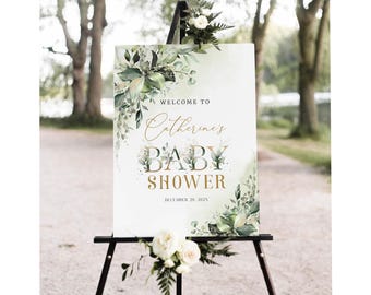Editable Greenery Baby Shower Welcome Sign Sage Green and Gold Printable Baby Shower Sign Eucalyptus Baby shower Poster Gender Neutral BB144