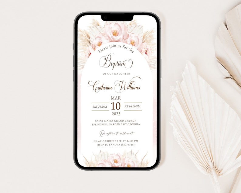 Digital Baptism Text Invitation Template Pampas Grass Blush Pink Digital Baptism Text Invitation Template Pampas Grass Blush Pink