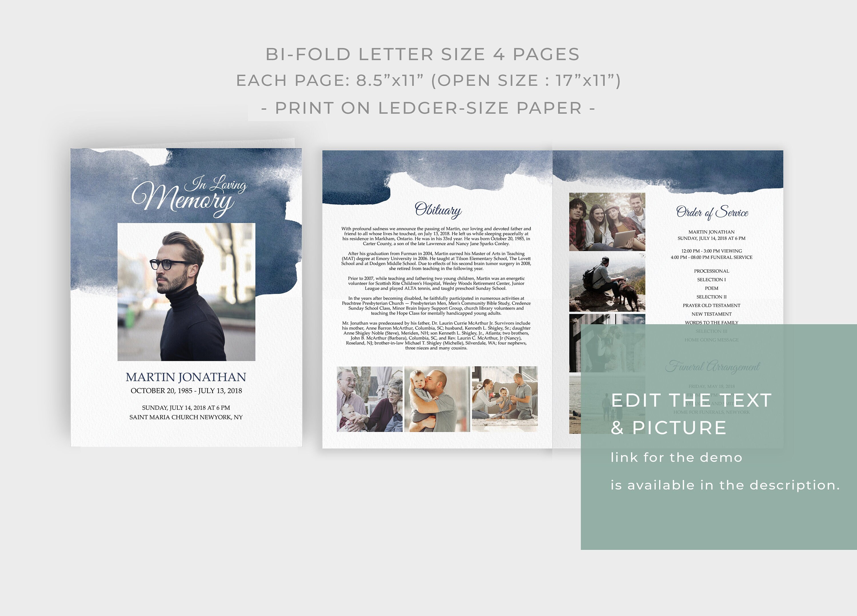 Modern Funeral Programs Examples Water Colour Blue Editable Funeral Program Memorial Service Program ...
