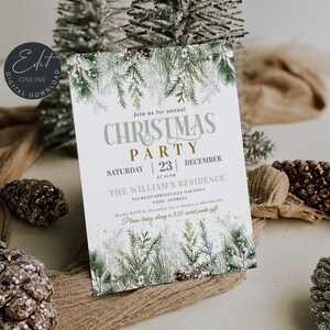 May include: A white invitation with a green and white watercolor design of pine branches and pine cones. The text reads "Join us for annual Christmas Party Saturday 23 December at 10 PM The William's Residence Palmetto Springville Oaktown G2567, Georgia Kindly RSVP by December 1st to Sandra at 000-000-000 Please bring along a $20 secret santa gift"