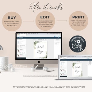 May include: A computer screen showing a mockup of a printable design with the text "Sample Design" in a gold frame with a green floral border. The screen is on a desk with a laptop computer, a lamp, and other office supplies. The text "PERSONALIZE WITH CORYL" is in a circle with a gear icon.