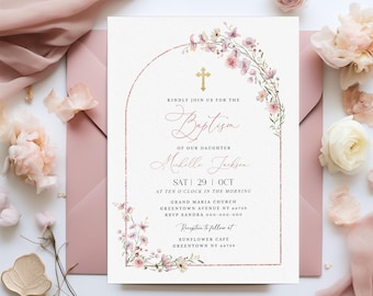 Editable Baptism Invitation Template, Pink Wildflower Baptism, Girl Baptism, Printable Invite, Instant Download, Baby Christening, #BP162