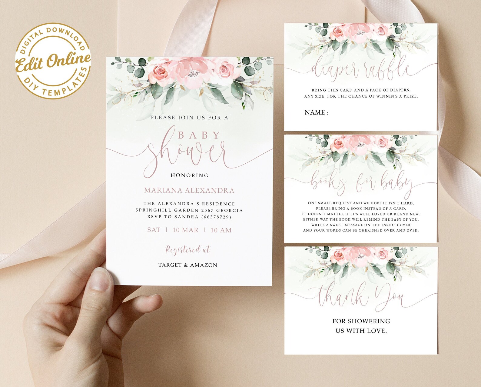 Editable Pink Rose Greenery Baby Shower Invitation Template Printable ...