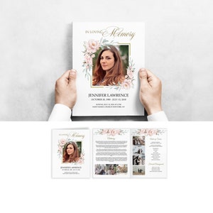 Plantilla de programa funerario editable con rosas rosas blancas Programa de servicio conmemorativo floral Programa de obituario Tamaño de carta plegable 8.5x11" #F109