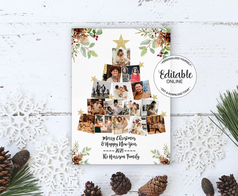 Tree Photo Cards Merry Christmas Photo Collage Card Template Christmas Tree Holiday Card ...
