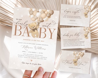 Teddy Bear Brown Baby Shower Invitation, Hot Air Balloon Theme (Editable Template) BB263