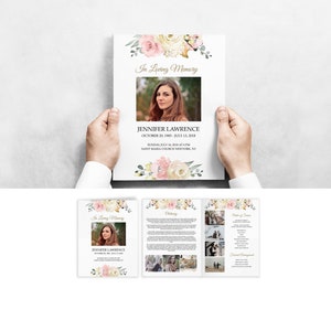 Plantilla editable de programa funerario con rosas blancas y rosadas, programa de servicio conmemorativo floral, programa de obituario doble Tamaño de carta 8.5x11" F17