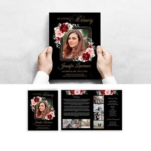 Plantilla editable de programa funerario rosas rojas de oro negro, programa de servicio conmemorativo floral, programa de obituario tamaño carta doble 8.5x11" #F37