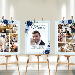May include: Three blue and white floral memorial posters with photos of a man and his family. The centre poster has a photo of the man and the text "In Loving Memory" and "Martin Jonathan" with dates. The posters are on wooden easels.