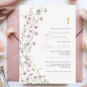Girls First Communion Invitation Template, Pink Wildflower First Communion, Printable Invite, Instant Download, Editable Invitation