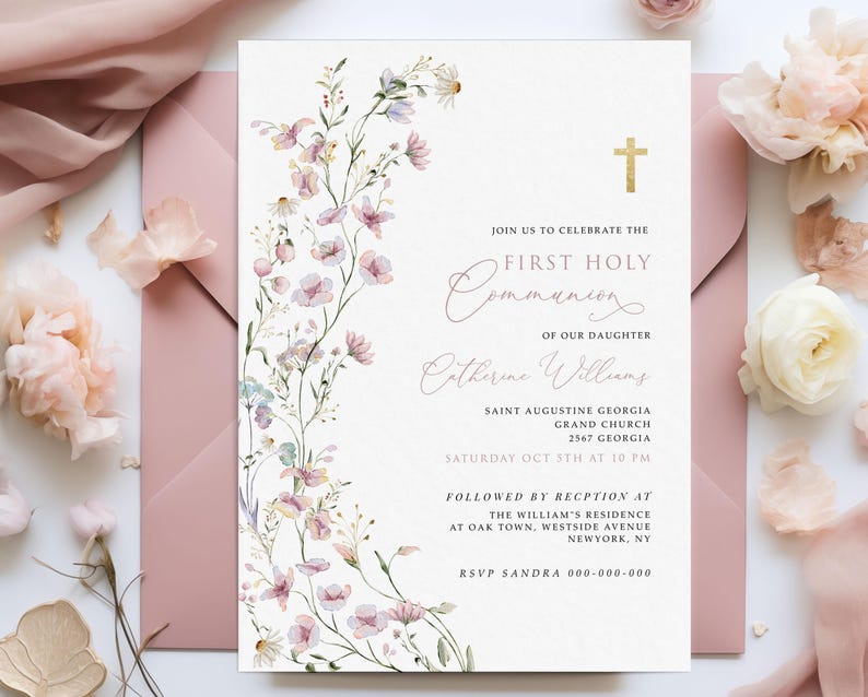 Girls First Communion Invitation Template, Pink Wildflower First Communion, Printable Invite, Instant Download, Editable Invitation