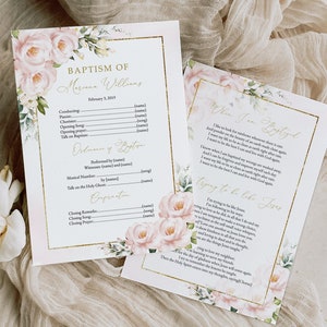 Puede incluir: Un programa de bautismo imprimible con un diseño floral. El programa incluye el orden del servicio, los nombres del oficiante, el pianista y los testigos, y un poema sobre ser bautizado. El programa está decorado con flores rosas y blancas y detalles dorados.