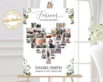 May include: A white memorial sign with a heart-shaped photo collage of a person. The sign has green eucalyptus leaves on the sides and the text "Forever in our hearts" at the top. The text "Daniel Smith March 15, 1972 - Feb 20, 2020" is at the bottom.