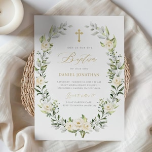 Modèle d'invitation de baptême, greniers de fleurs blanches, invitation au baptême blanche carte d'invitation de baptême, invitation imprimable, téléchargement immédiat #BP154